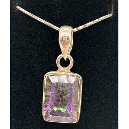 1118 - A silver & mystic topaz pendant necklace and matching drop earrings. Square cut stones to all. Penda... 