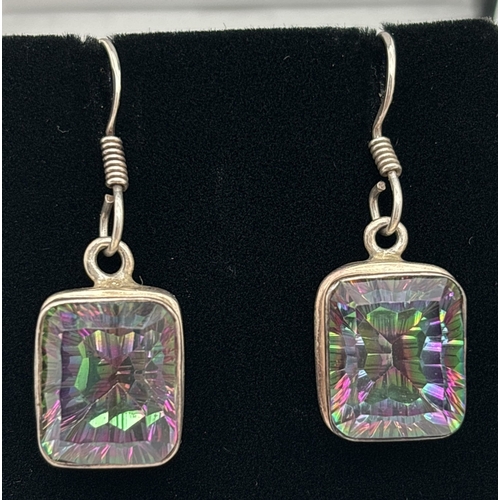 1118 - A silver & mystic topaz pendant necklace and matching drop earrings. Square cut stones to all. Penda... 