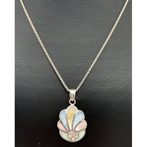 1124 - A modern style mother of pearl set pendant necklace. Pendant set with yellow, blue, green and pink m... 