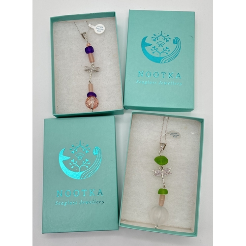 1136 - 2 boxed Nootka Seaglass jewellery silver necklaces with hanging pendants made from coloured pieces o... 