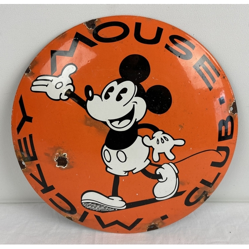 1194 - A circular shaped Mickey Mouse Club convex shaped enamelled metal wall advertising sign. Approx. 29.... 