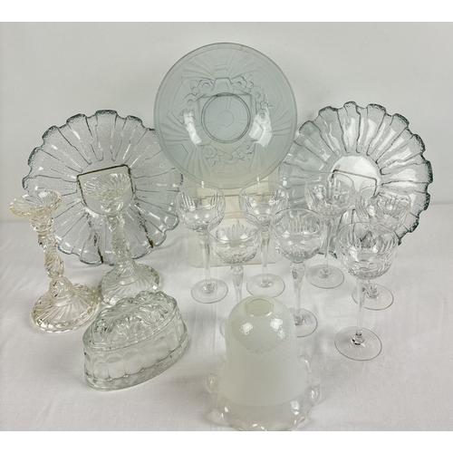 1269 - A box of assorted vintage glass & crystal to include an Art Deco blue glass plate with frosted rever... 