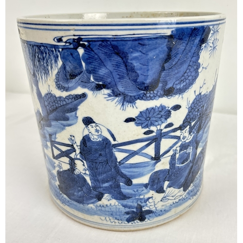 1278 - A large Chinese blue & white ceramic brush pot of cylindrical form, with hand painted figural scene.... 