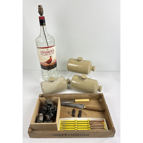 1336 - A collection of vintage wooden, glass & stoneware items to include a large boxed Famous Grouse whisk... 