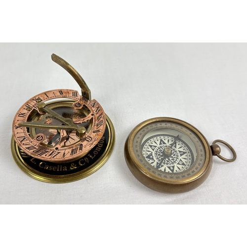 1339 - 2 modern brass cased naval compasses. A copper & brass sundial compass marked L. Casella & Co, with ... 