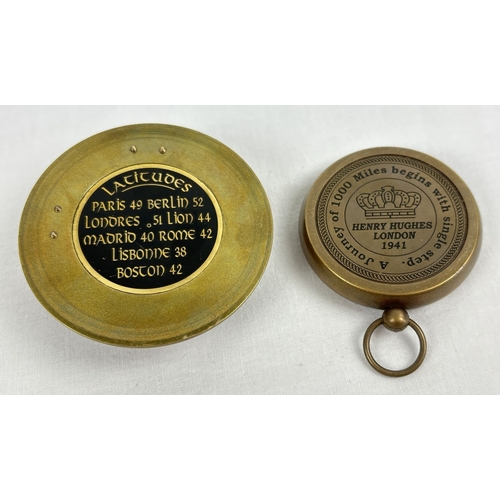 1339 - 2 modern brass cased naval compasses. A copper & brass sundial compass marked L. Casella & Co, with ... 