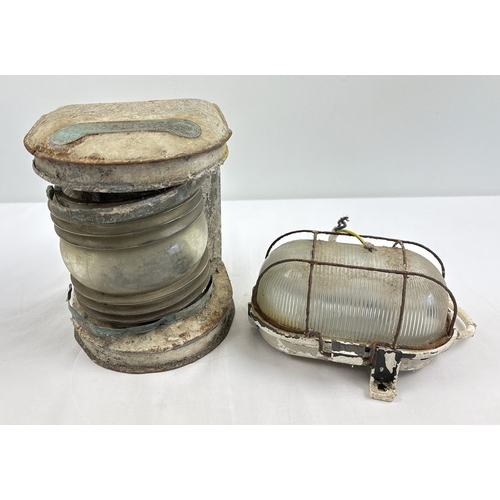 1353 - 2 vintage ships nautical lights. A flat backed Toplight lantern with wall mount and ribbed glass len... 