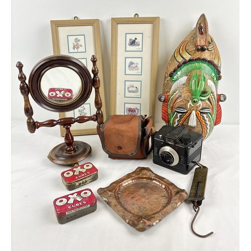 1356 - A box of assorted vintage items to include an Arts and Crafts style small copper dish, a shaving/van... 