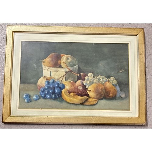 1378 - A vintage still life watercolour of a basket of fruit, signed to lower right (indistinct). In gilt f... 