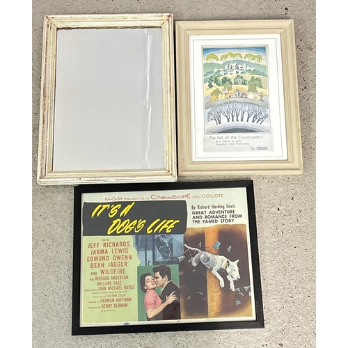 1385 - 2 framed & glazed reproduction posters together with a vintage wooden framed wall mirror. The Fall o... 