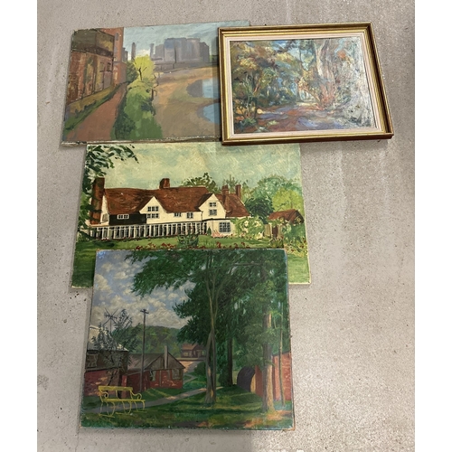 1391 - 4 oil paintings, 3 on canvas and 1 on board, depicting rural and inner city landscapes and buildings... 