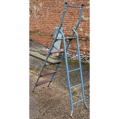 1400 - 2 metal framed combination step ladders with metal bar and wood plank steps. Item not on site, viewi... 