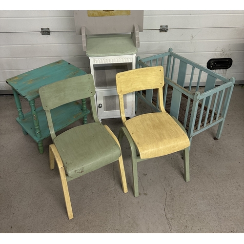 1429 - 6 vintage items of small painted wooden furniture. Comprising: 2 wooden school chairs, a 2 tier occa... 