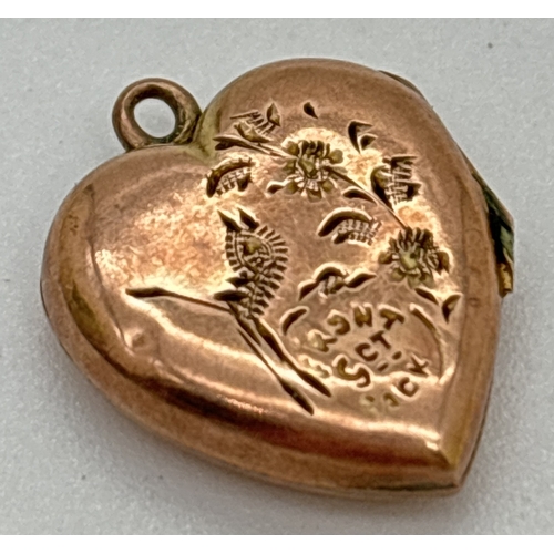 1075 - A small 9ct gold (front and back) heart shaped locket with floral engraved decoration. Approx. 1.5cm... 