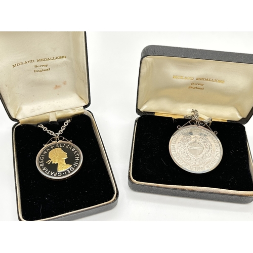 1089 - 2 boxed Midland Medallions coin necklaces in silver mounts. An enameled 1962 half crown on a belcher... 