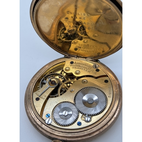 1169 - A vintage Waltham USA Traveller pocket watch with gold plated Star Dennison watch case. White enamel... 