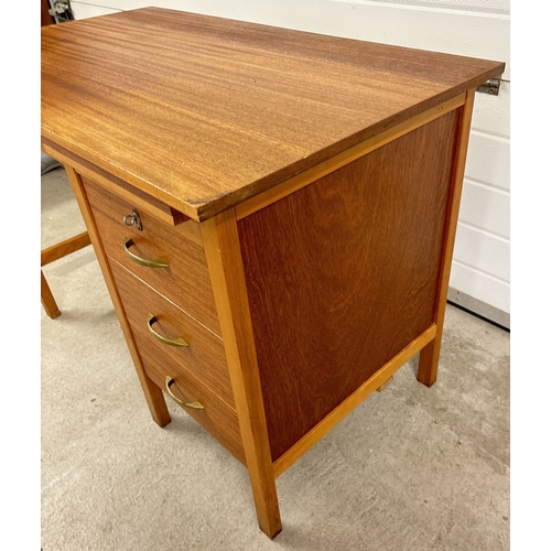 1410 - A vintage teak 3 drawer desk with pull out tray and lockable top draw (comes with key).  Approx. 74c... 