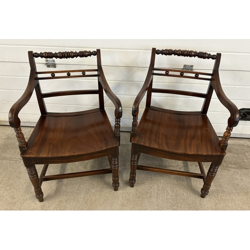 1411 - A pair of early Victorian mahogany wide seat arm chairs with turned back supports & legs. Bar and ba... 