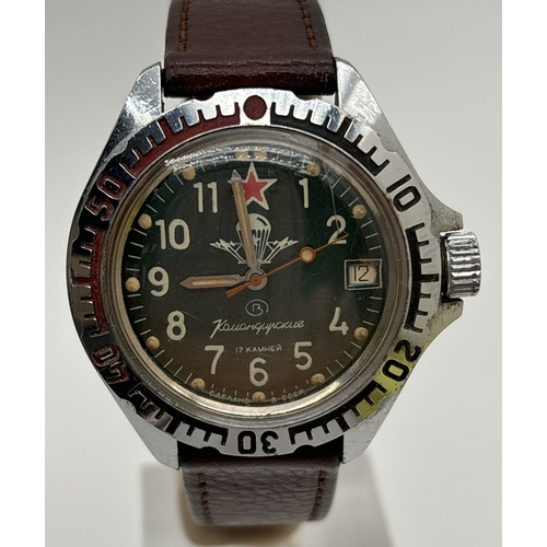 1181 - A Russian military Paratrooper Vostok Komandarsky automatic wristwatch with leather strap. Green fac... 