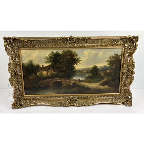 1388 - An antique oil on canvas of a man fishing from a bridge in an ornate gilt frame. Signed to bottom ri... 