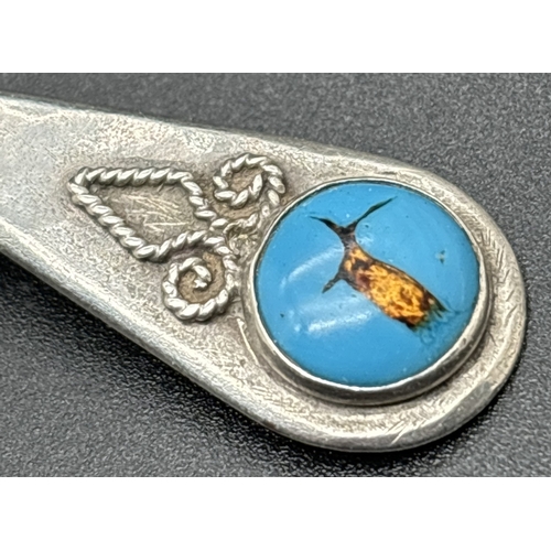 1207 - An Arts & Crafts George V silver caddy spoon set with Bernard Instone stylised blue turquoise caboch... 