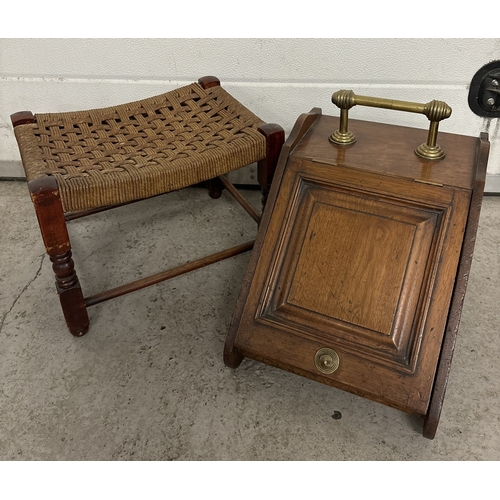 1412 - A Victorian dark oak coal box with liner and brass handles (no shovel) together with a vintage strin... 