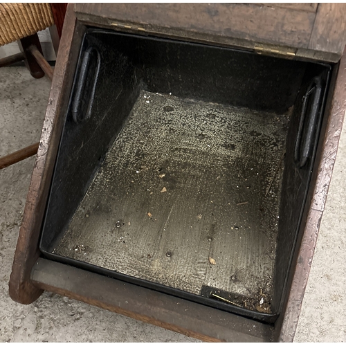 1412 - A Victorian dark oak coal box with liner and brass handles (no shovel) together with a vintage strin... 