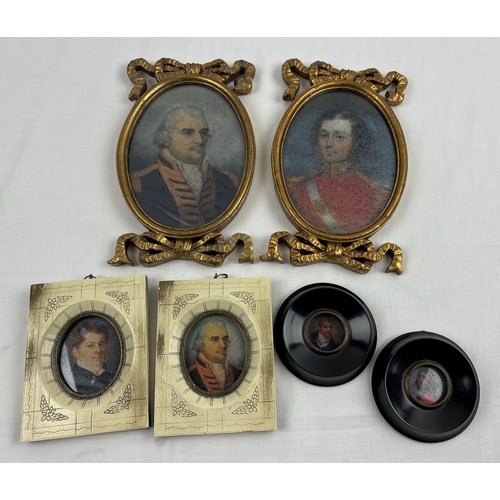 1384 - A collection of 6 framed and glazed miniature portraits of gentlemen in military uniform. In varying... 