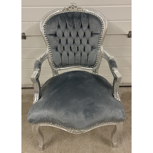 1415 - A modern wooden framed Louis XV style armchair, painted silver with grey velvet upholstery & button ... 