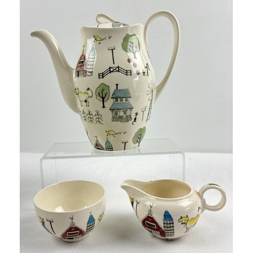 3 mid century 1950's pieces of Johnson Brothers 'Macdonald's Farm' pattern ceramics featuring hand-finished images of farm animals, buildings & implements. Comprising small milk jug, sugar bowl and rare coffee pot - approx. 20cm tall (lid has been repaired).