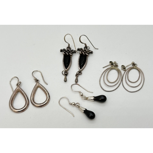 62 - 4 pairs of silver and white metal drop earrings. To include black onyx set Celtic design, plain silv... 