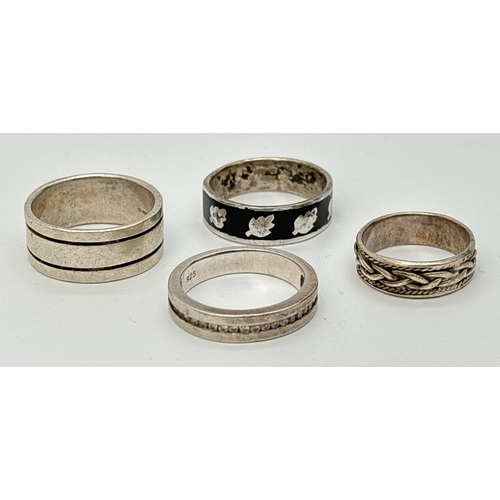 183 - 4 silver band rings. A plain ring channel set with small clear round stones, a band with ridge detai... 