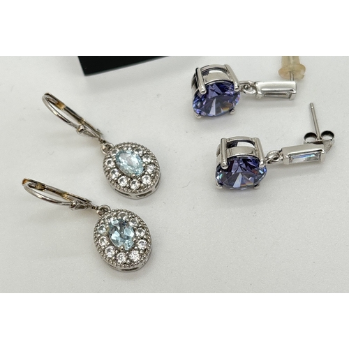 80 - 3 pairs of stone set silver drop earrings. A pair set with round cut blue CZ stones, a pair of oval ... 