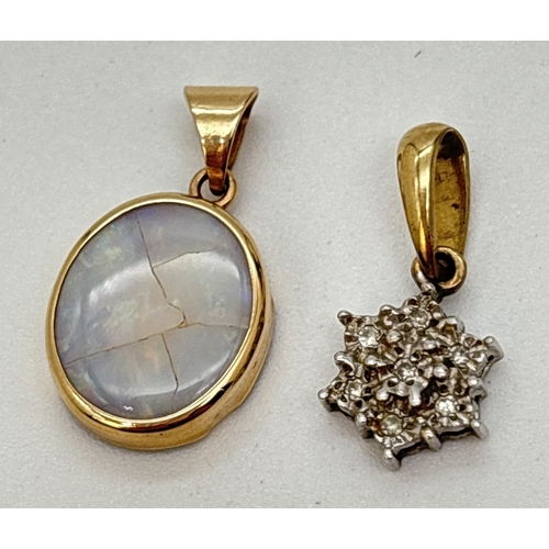 93 - 2 x 9ct gold pendants. An oval pendant set with opal (a/f) together with an illusion set cluster sty... 