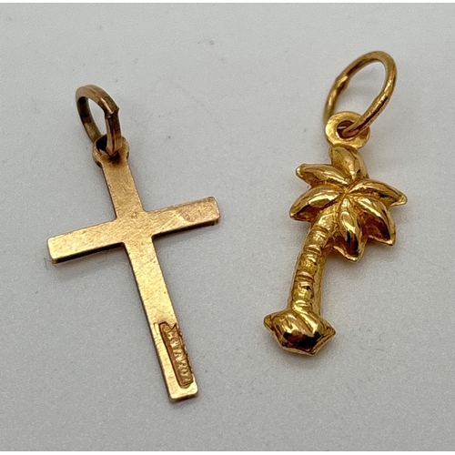 170 - 2 x 9ct gold charms/pendants, a palm tree and a cross with sun ray decoration. Hallmarked on bale of... 