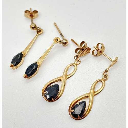 173 - 2 pairs of 9ct gold and sapphire set drop earrings. One pair set with marquise cut sapphires and the... 