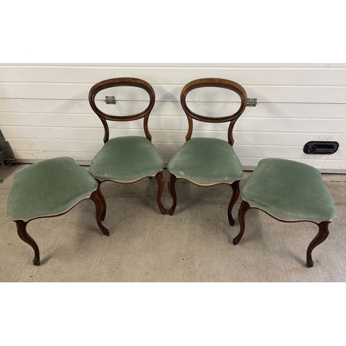 1382 - A set of 4 Victorian balloon backed chairs, 2 converted to stools, with green velvet upholstery seat... 