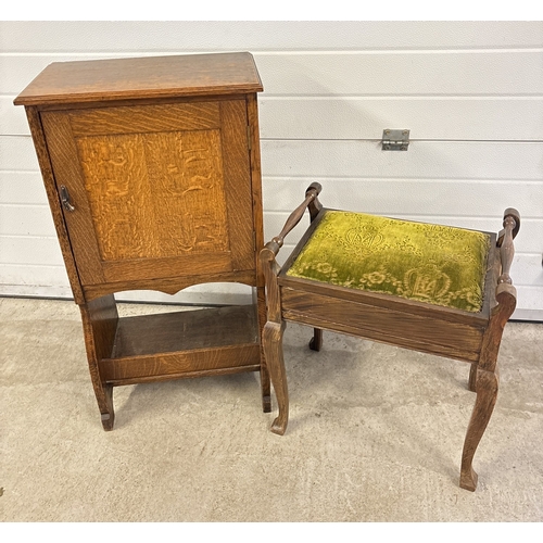 1383 - An early 20th century dark oak music cabinet together with a piano stool with green velvet upholster... 