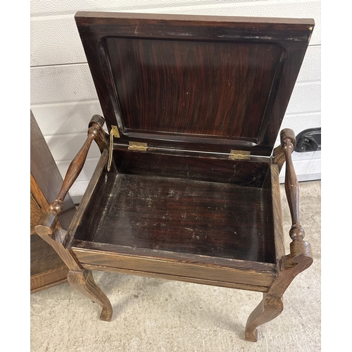 1383 - An early 20th century dark oak music cabinet together with a piano stool with green velvet upholster... 