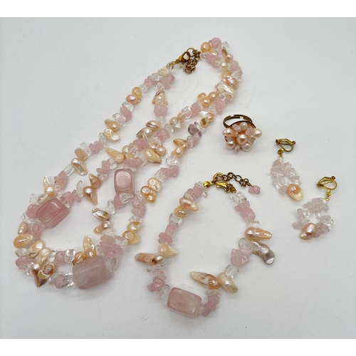 1068 - A keski pearl, rose and clear quartz necklace and matching bracelet, clip on drop earrings and ring.... 