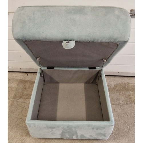 1394 - A modern pale blue suede storage foot stool with lift up/stay open top. Approx. 44cm tall x 63cm wid... 