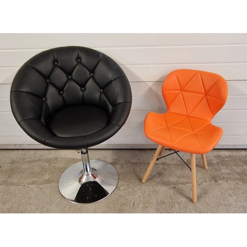 1395 - 2 modern faux leather seated chairs. A small orange seated chair with splayed legs together with a b... 