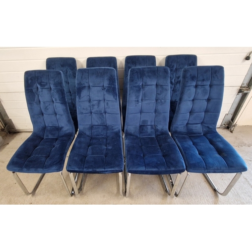 1396 - A set of 8 modern dining chairs with blue velvet upholstery and chrome hooped legs. Each approx. 102... 