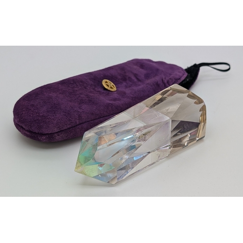 A bespoke made Unconditional Love, large smoked quartz and clear quartz dichroic glass laminated wand by Crystal. Natural galaxies to both quartz pieces. The laminated glass centre creates colours throughout the wand when looked through from each end. Approx. 4 x 3.75 x 14cm. Complete with purple suede storage pouch.