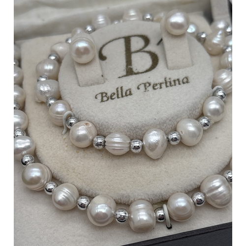 1024 - A freshwater pearl & silver tone bead necklace, matching bracelet & freshwater pearl stud earrings b... 