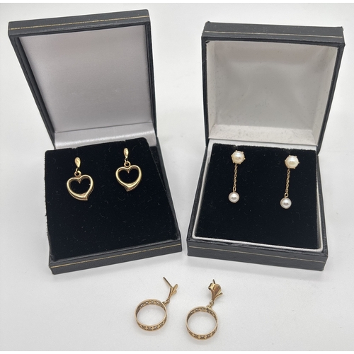 1090 - 3 pairs of 9ct yellow gold drop style earrings. A pair of pearl drops that convert to studs, a pair ... 