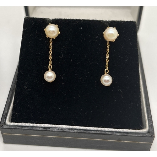 1090 - 3 pairs of 9ct yellow gold drop style earrings. A pair of pearl drops that convert to studs, a pair ... 