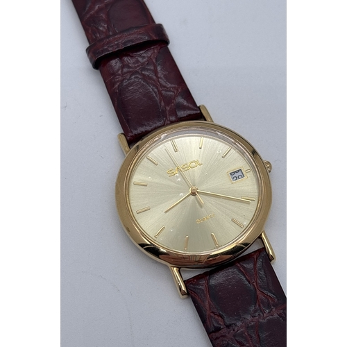 1153 - A boxed Mens Ltd Edition SASOL Commemorative Lanco quartz watch with brown leather strap - as new. B... 