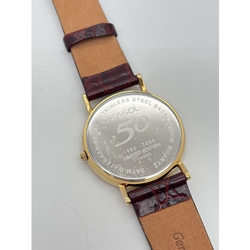 1153 - A boxed Mens Ltd Edition SASOL Commemorative Lanco quartz watch with brown leather strap - as new. B... 