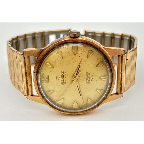 1160 - A vintage Allaine men's automatic wristwatch with gold plated case and strap. Pale gold face with go... 